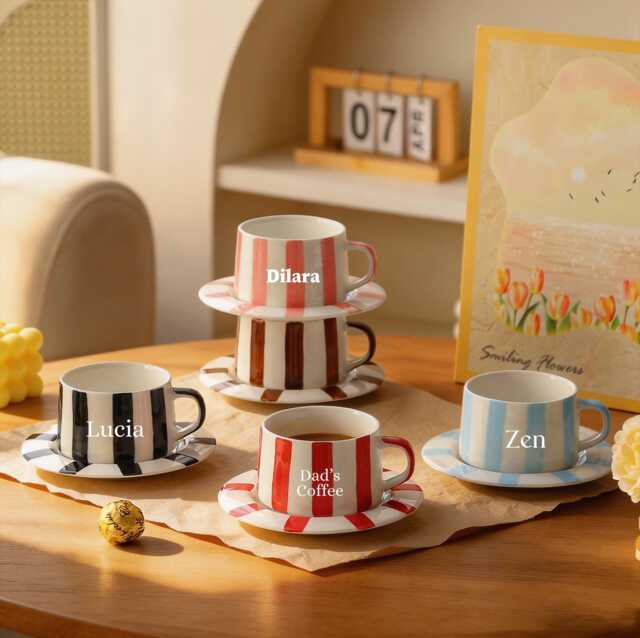 Personalized Retro Striped Coffee Cup Saucer Set Custom Engraved Ceramic Mug Vintage Vertical Stripe Tea Handmade Gift For Dad - image 1