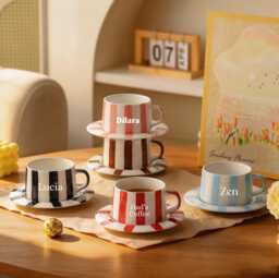 Personalized Retro Striped Coffee Cup Saucer Set Custom Engraved Ceramic Mug Vintage Vertical Stripe Tea Handmade Gift For Dad - thumbnail 1