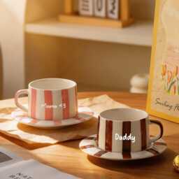 Personalized Retro Striped Coffee Cup Saucer Set Custom Engraved Ceramic Mug Vintage Vertical Stripe Tea Handmade Gift For Dad - thumbnail 2