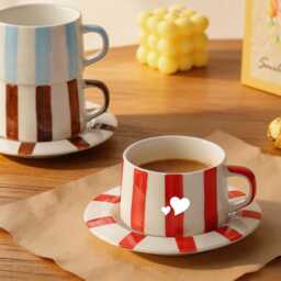 Personalized Retro Striped Coffee Cup Saucer Set Custom Engraved Ceramic Mug Vintage Vertical Stripe Tea Handmade Gift For Dad - thumbnail 4