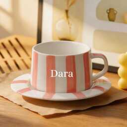 Personalized Retro Striped Coffee Cup Saucer Set Custom Engraved Ceramic Mug Vintage Vertical Stripe Tea Handmade Gift For Dad - thumbnail 3