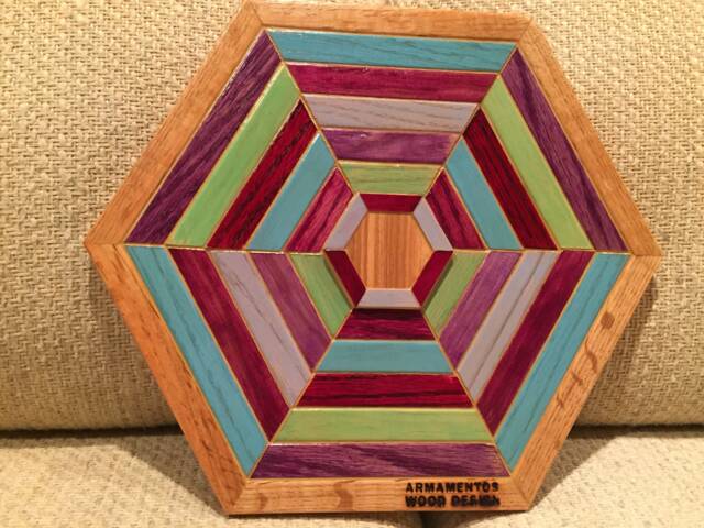 Hexagon Shaped Wood Wall Art Sculpture Featuring A Variety Of Hand Stained Oak Pieces Geometrically Arrayed - image 1