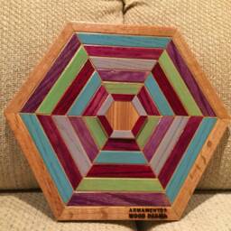 Hexagon Shaped Wood Wall Art Sculpture Featuring A Variety Of Hand Stained Oak Pieces Geometrically Arrayed - thumbnail 2