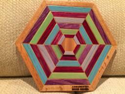 Hexagon Shaped Wood Wall Art Sculpture Featuring A Variety Of Hand Stained Oak Pieces Geometrically Arrayed