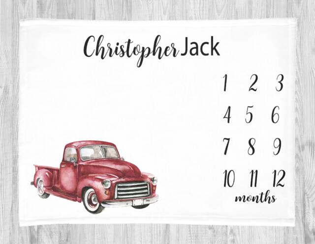 Classic Car Baby Milestone Blanket, Personalized Boy Monthly Tracker Blanket Red Truck Growth - image 1