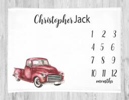 Classic Car Baby Milestone Blanket, Personalized Boy Monthly Tracker Blanket Red Truck Growth - thumbnail 1