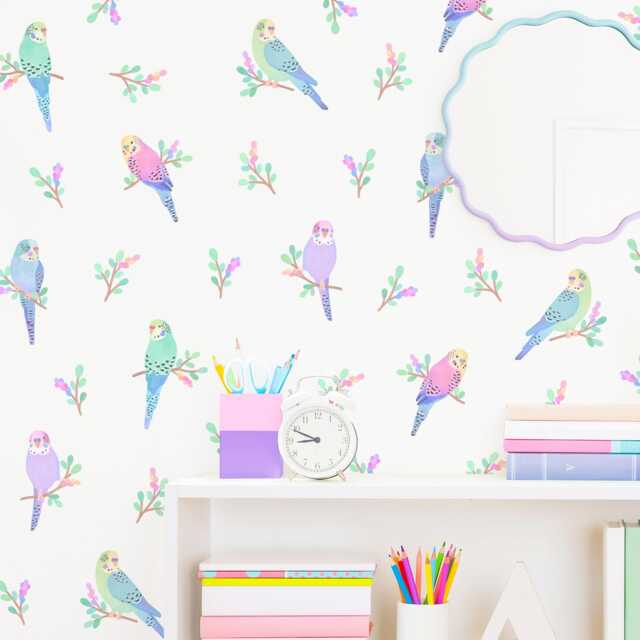 Bird Wall Decals - Floral Nursery Decor, Parakeet Art, Kids Room Decals, Reusable & Removable Budgie Stickers - image 1