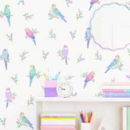 Bird Wall Decals - Floral Nursery Decor, Parakeet Art, Kids Room Decals, Reusable & Removable Budgie Stickers