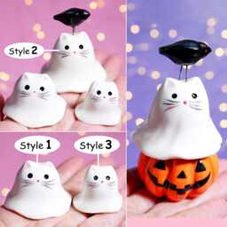 Handmade Ceramic Halloween Cat Ghost Figurine Lover Gift - thumbnail 2