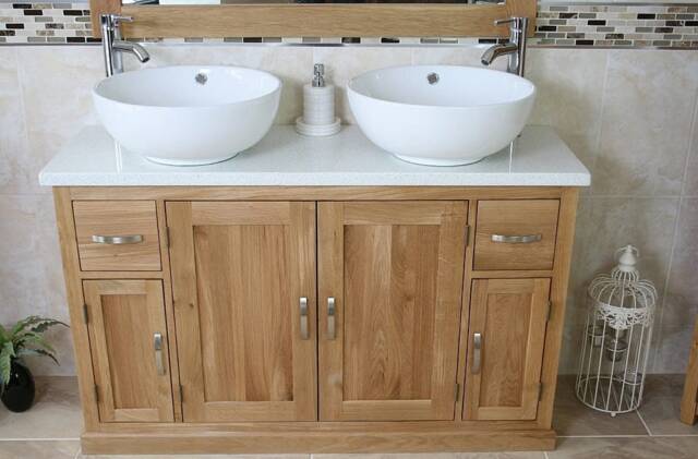 Oak Bathroom Vanity Unit 123cm Wide With White Quartz Top & Ceramic Basin Set 402Wqcbcx2 - image 1