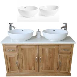 Oak Bathroom Vanity Unit 123cm Wide With White Quartz Top & Ceramic Basin Set 402Wqcbcx2 - thumbnail 2