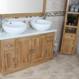 Oak Bathroom Vanity Unit 123cm Wide With White Quartz Top & Ceramic Basin Set 402Wqcbcx2 - thumbnail 3