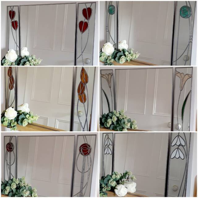 Catfish Glass Trio 2 10x40cms Rennie Mackintosh Inspired Stained Effect Mirrors With Central Panel 40x40cms - image 1
