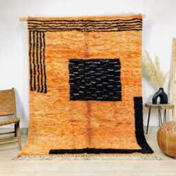Moroccan Orange Berber Rug, Handwoven Wool Shag Rug With Geometric Shapes, Authentic Beni Ourain Style Carpet, Large 9x12 Area