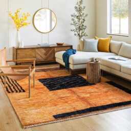 Moroccan Orange Berber Rug, Handwoven Wool Shag Rug With Geometric Shapes, Authentic Beni Ourain Style Carpet, Large 9x12 Area - thumbnail 2