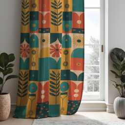 Mid Century Modern Flower Curtains, Classic Teal Mustard Orange Tones Pattern Drapes, Custom Size Window Treatment Panels - thumbnail 1