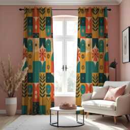 Mid Century Modern Flower Curtains, Classic Teal Mustard Orange Tones Pattern Drapes, Custom Size Window Treatment Panels - thumbnail 3