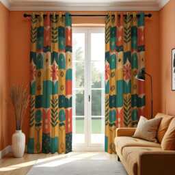 Mid Century Modern Flower Curtains, Classic Teal Mustard Orange Tones Pattern Drapes, Custom Size Window Treatment Panels - thumbnail 2