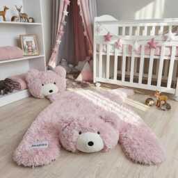 Pink Nursery Rug - Minky Bear Play Mat, Personalized Baby Girl Gift - thumbnail 1