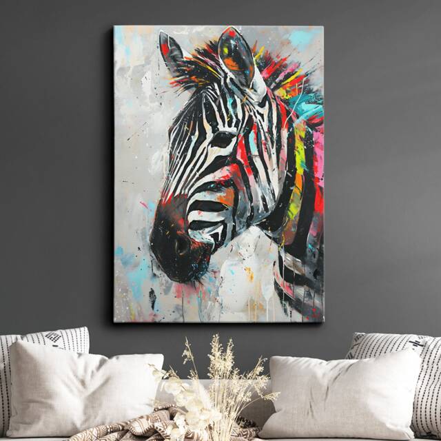 Colorful Zebra Fun Animal Lover Abstract Oil Painting Wall Art Framed Canvas Poster Print Home Kitchen Living Room Decor Gifts - image 1