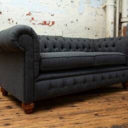 British Handmade 3 Seater Dark Grey Herringbone Wool Chesterfield Sofa - thumbnail 2