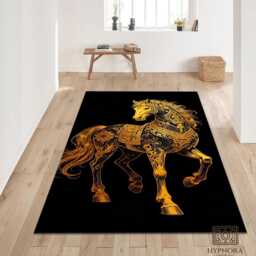 Golden Horse Rug - Ornate Baroque Stallion Tile Mat Luxury Decor Washable Carpet - thumbnail 3