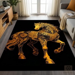 Golden Horse Rug - Ornate Baroque Stallion Tile Mat Luxury Decor Washable Carpet