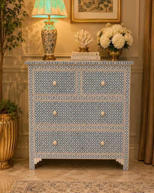 Designer Bone Inlay Cabinet Blue Geometric Pattern Chest Of 4 Drawers - image 1