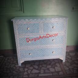 Designer Bone Inlay Cabinet Blue Geometric Pattern Chest Of 4 Drawers - thumbnail 3