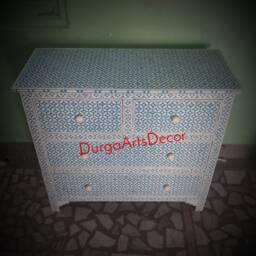 Designer Bone Inlay Cabinet Blue Geometric Pattern Chest Of 4 Drawers - thumbnail 4