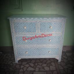Designer Bone Inlay Cabinet Blue Geometric Pattern Chest Of 4 Drawers - thumbnail 2