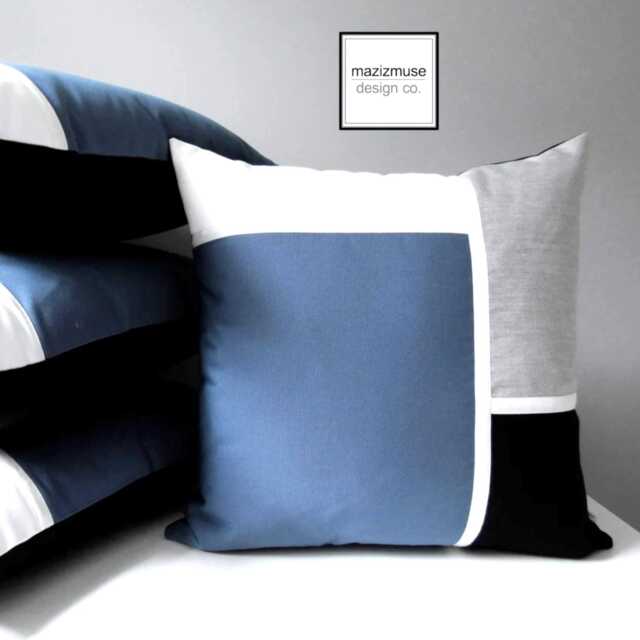 Sapphire Blue & Grey Sunbrella?? Outdoor Pillow Cover With Black & White Color Block, Gray Cushions For Patio/Pool Lounge Chairs - image 1