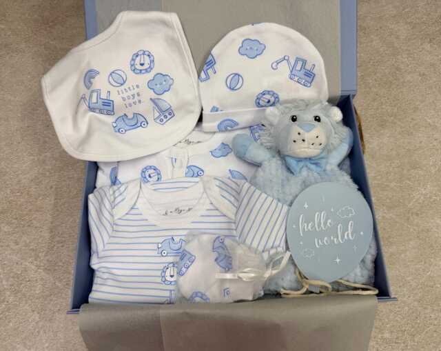 Blue Baby Gift Box - New Set With Blanket, Lion Comforter & Clothes Boy Shower Newborn Hamper - image 1