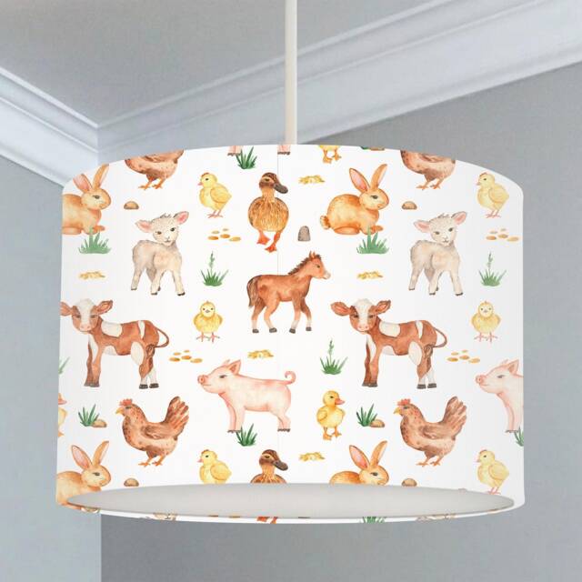 Farm Friends Lampshade, White, Nursery Children's Bedroom, Drum Ceiling Lamp Light Shade - image 1