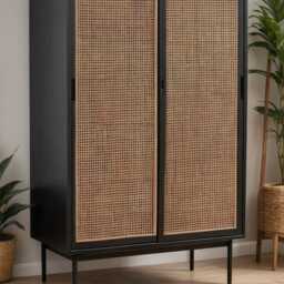 Solid Wood Wardrobe With Rattan, Rattan Oak Wardrobe, Modern 2-Door Wooden Solid Two Doors, Nordic Style - thumbnail 3