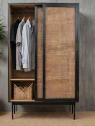 Solid Wood Wardrobe With Rattan, Rattan Oak Wardrobe, Modern 2-Door Wooden Solid Two Doors, Nordic Style - thumbnail 1