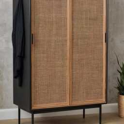Solid Wood Wardrobe With Rattan, Rattan Oak Wardrobe, Modern 2-Door Wooden Solid Two Doors, Nordic Style - thumbnail 2
