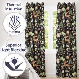 Cute Woodland Deer Owl Mushrooms & Stars On Black Background Seamless Pattern Readymade Eyelet Ring Top Thermal 100% Blackout Curtains - thumbnail 3