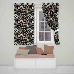 Cute Woodland Deer Owl Mushrooms & Stars On Black Background Seamless Pattern Readymade Eyelet Ring Top Thermal 100% Blackout Curtains - thumbnail 1
