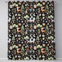 Cute Woodland Deer Owl Mushrooms & Stars On Black Background Seamless Pattern Readymade Eyelet Ring Top Thermal 100% Blackout Curtains - thumbnail 2