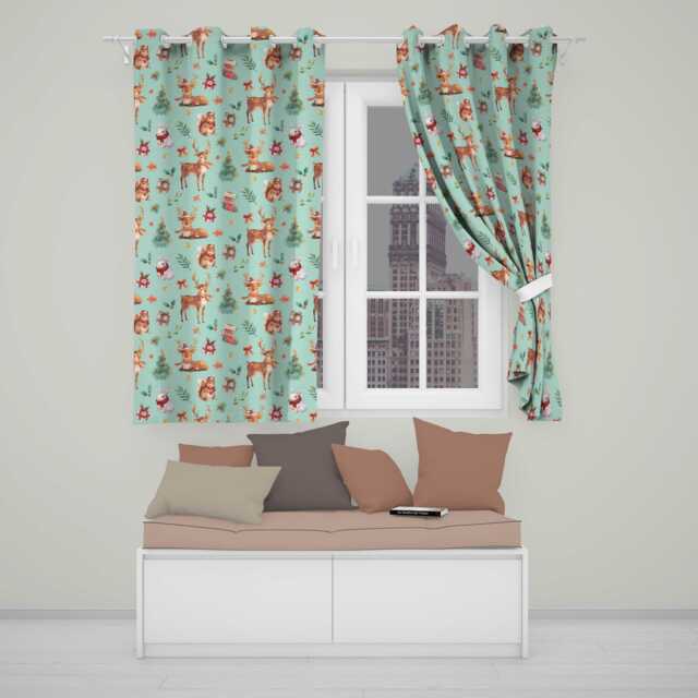 Christmas Reindeer Squirrel Gift Festive Elements On Teal Background Seamless Readymade Eyelet Ring Top Thermal 100% Blackout Curtains - image 1