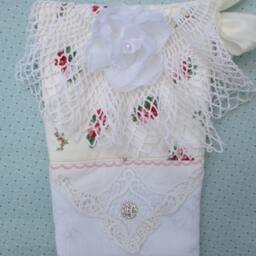 Handmade Snowflake Christmas Stocking Shabby Chic Rose Print, Crochet Lace - thumbnail 3