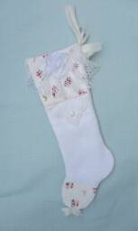 Handmade Snowflake Christmas Stocking Shabby Chic Rose Print, Crochet Lace - thumbnail 1