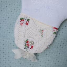 Handmade Snowflake Christmas Stocking Shabby Chic Rose Print, Crochet Lace - thumbnail 2