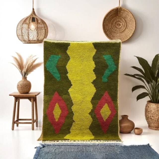 Hand Knotted Wool Berber Rug Olive Green Moroccan Area Rug - image 1