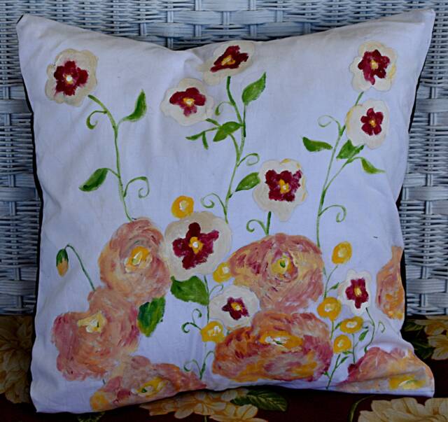 Original One Of A Kind Hand Painted Floral Throw Pillow Case 16 X - image 1