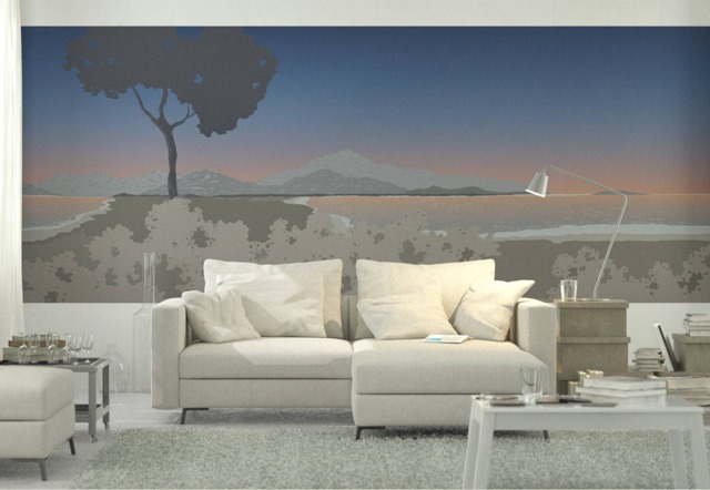 Vista Collection Sunset. French Designer Boutique Wall Mural Art. Romantic Calm Tranquil Lake Shore Mountains, Soft Elegant Subtle Palette - image 1