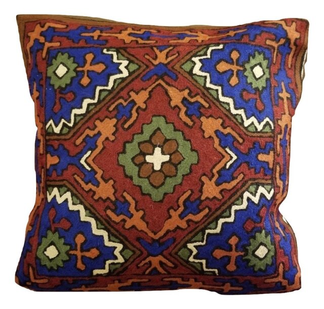 "Handmade Wool Embroidered Cushion Cover Tribal Geometric Design - 16""x16" - image 1