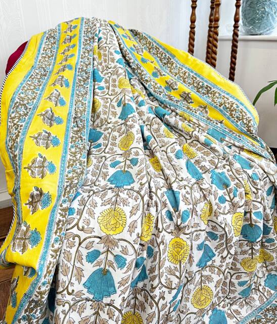 Pure Soft Cotton Indian Floral Dohar Reversible Bed/Sofa Throw Summer Quilted King Size Handprint White Canary Yellow Aqua Blue Gardenia - image 1
