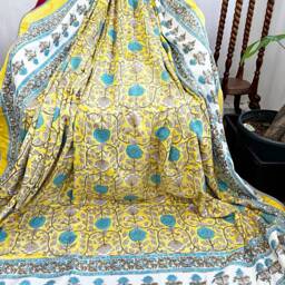Pure Soft Cotton Indian Floral Dohar Reversible Bed/Sofa Throw Summer Quilted King Size Handprint White Canary Yellow Aqua Blue Gardenia - thumbnail 2